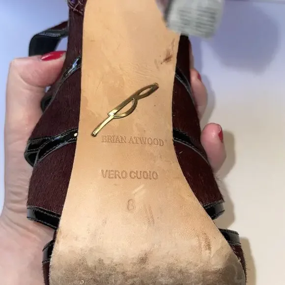 Brian Atwood Shoes Womens Size 8 Burgundy Black Snakeskin High Heel Sandals Zip - Picture 10 of 16